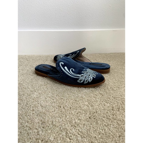 Zara Embroidered Peacock Blue Velvet Mule - Picture 1 of 6
